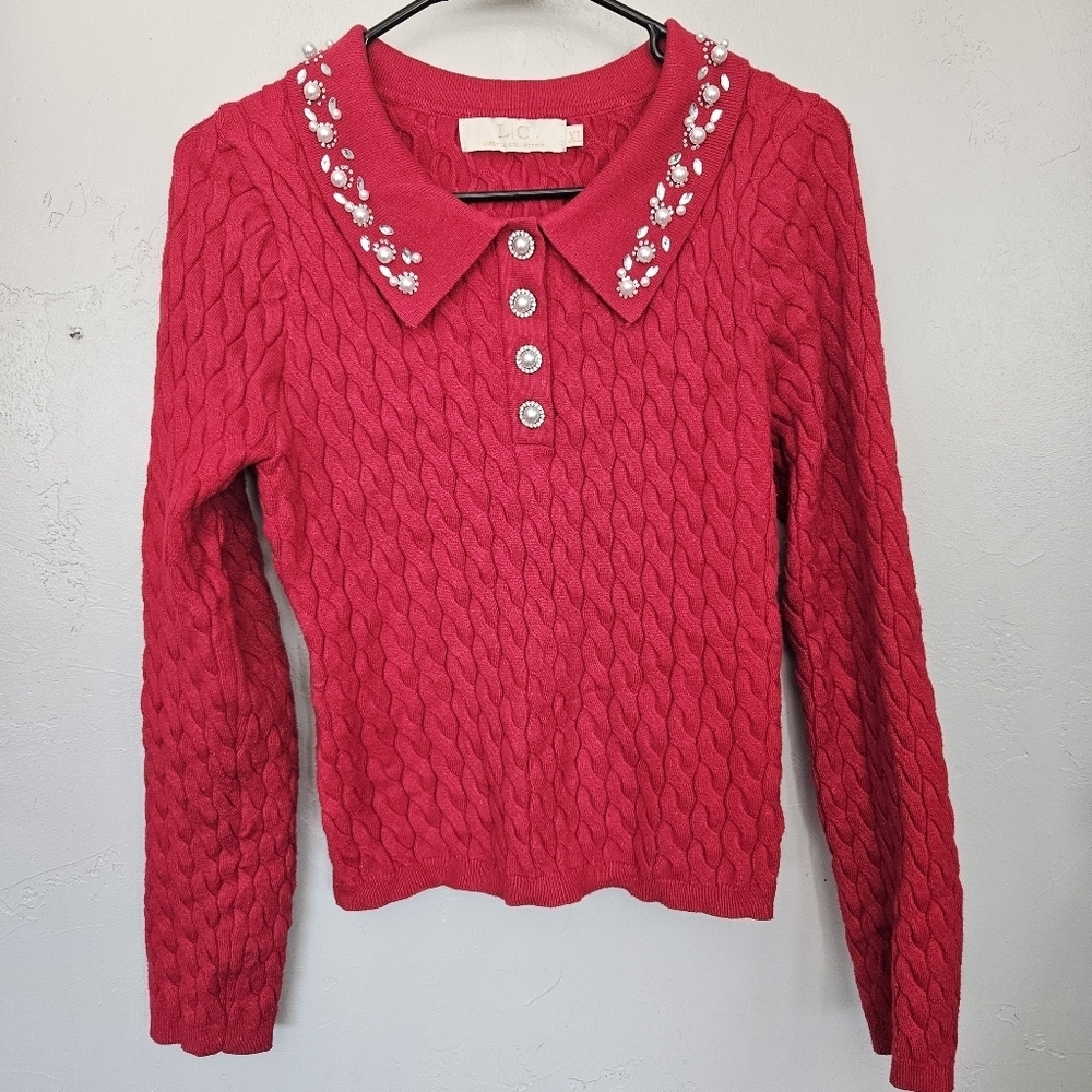 Lizette Collection Women's Red Cable Knit Sweater Embellished Collar Pearl Sm M